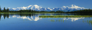 Reflection of Mountains in Lake, Mt. Foraker and Mt. Mckinley, Denali National Park, Alaska, USA