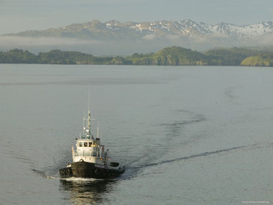 Tugboat on Sound with Mountains in Background, Sitka, Alaska