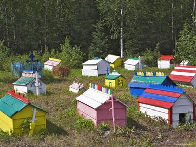 Colorful Spirit Houses Built Over Gravesites to Shelter the Deceased's Spirits, Eklutna, Alaska