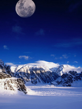 High Moon Over the Ruth Ampitheatre on Ruth Glacier, Denali National Park & Preserve, Alaska, USA