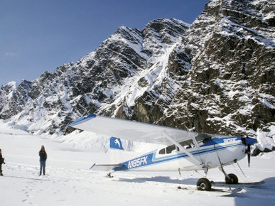 Small Plane Landed on Glacier in Denali National Park, Alaska, USA