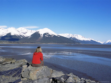 Woman Looking at Glaciers Along the Seward Highway, Girdwood, Alaska, USA