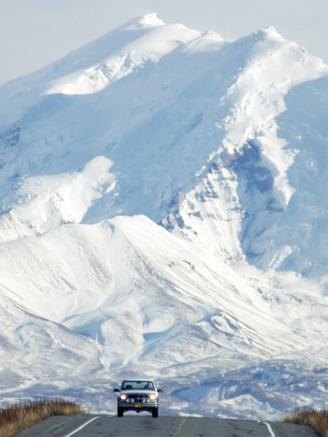 Car on Highway with Mt, Drum in Background, Wrangell-St Elias National Park, Alaska