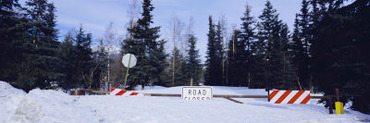 Road Closed Sign and Deep Snow, Alaska, USA