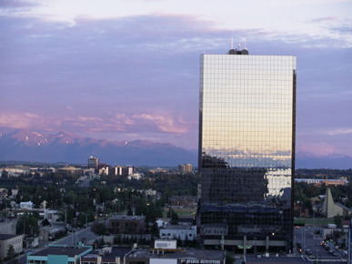 Sunset Over Downtown Achorage, Alaska, United States of America (U.S.A.), North America